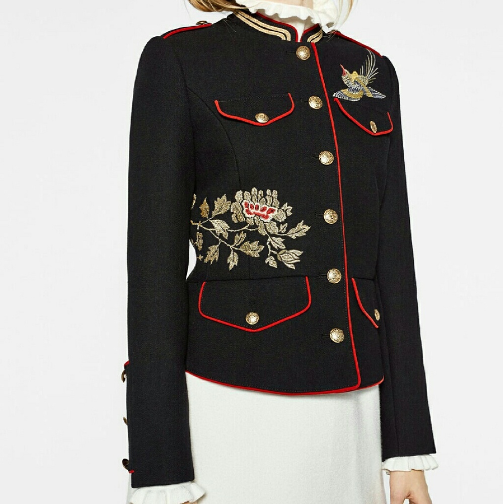 Zara Black Embroidered Military Jacket
